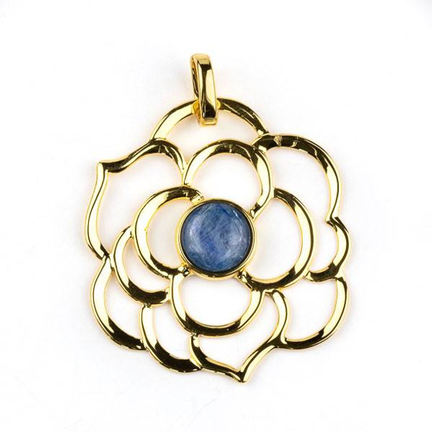 Gold Plated Brass 43mm Flower Pendant with 10mm Dyed Kyanite Center -  1 per bag