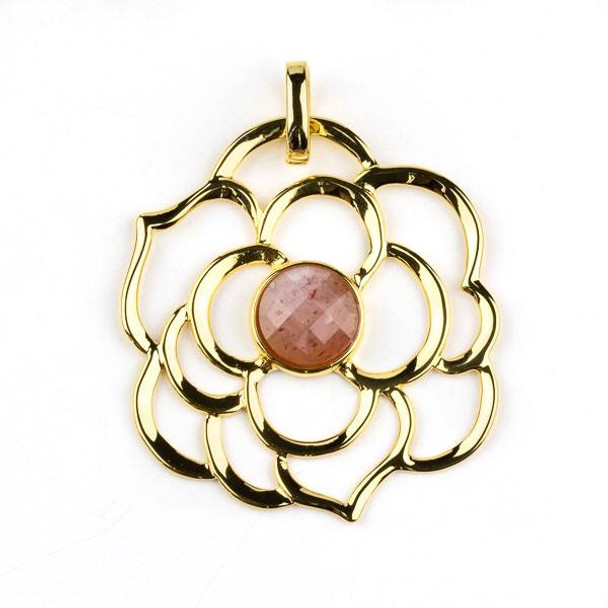 Gold Plated Brass 43mm Flower Pendant with 10mm Faceted Strawberry Quartz Center -  1 per bag