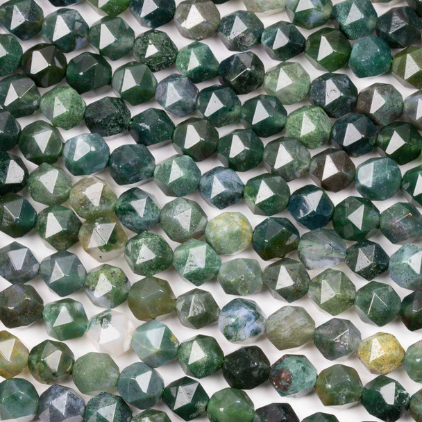 Moss Agate 8mm Simple Faceted Star Cut Beads - 15 inch strand