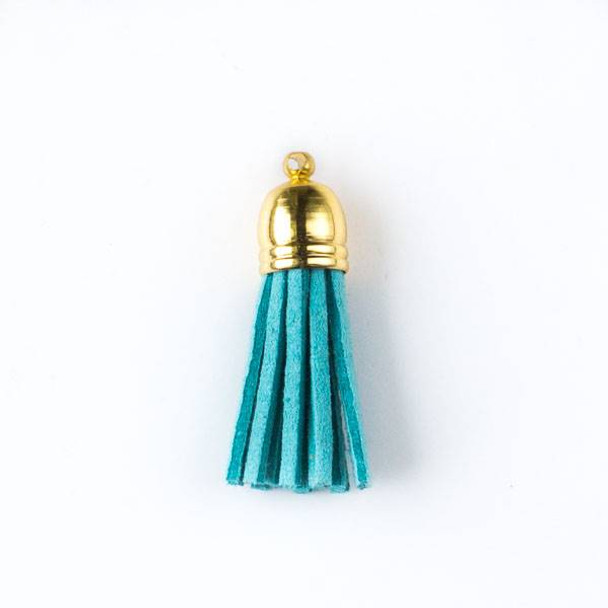 Aqua Blue Microsuede 1.5" Tassel with a Gold Pewter Bead Cap - 1 per bag