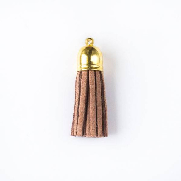 Cherry Tree Beads Mocha Brown/Tan Microsuede 1.5" Tassel with a Gold Pewter Bead Cap - 1 piece