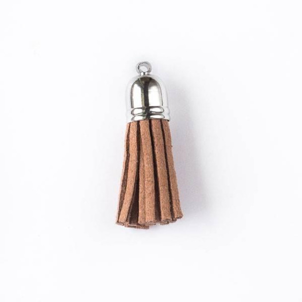 Cherry Tree Beads Mocha Brown/Tan Microsuede 1.5" Tassel with a Silver Pewter Bead Cap - 1 piece 