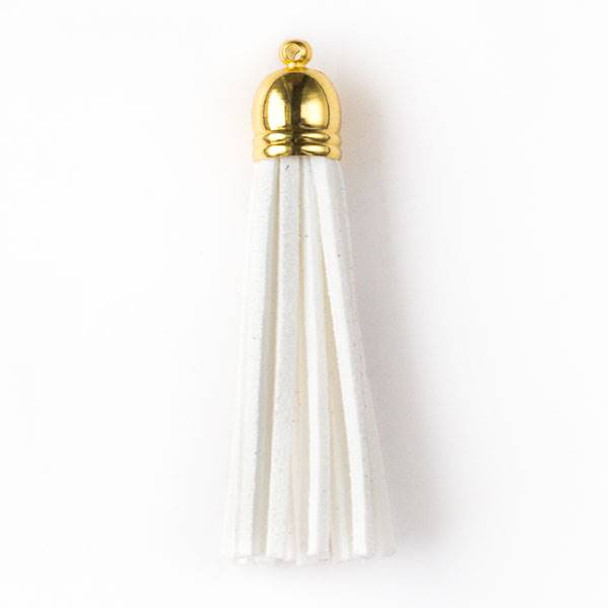 White Microsuede 2.25" Tassel with a Gold Pewter Bead Cap - 1 per bag