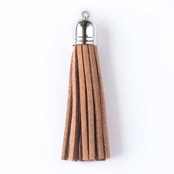 Cherry Tree Beads Mocha Brown/Tan Microsuede 2.25" Tassel with a Silver Pewter Bead Cap - 1 piece