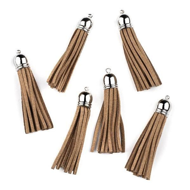Cherry Tree Beads Mocha Brown/Tan Microsuede 2.25" Tassel with a Silver Pewter Bead Cap - 6 per bag