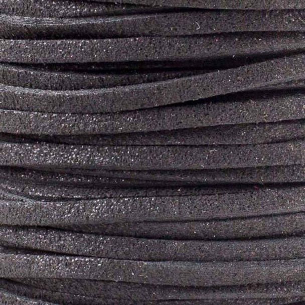 Black with Glitter Microsuede 1.5mm Thick, 2mm Wide Flat Cord - 25 yard spool