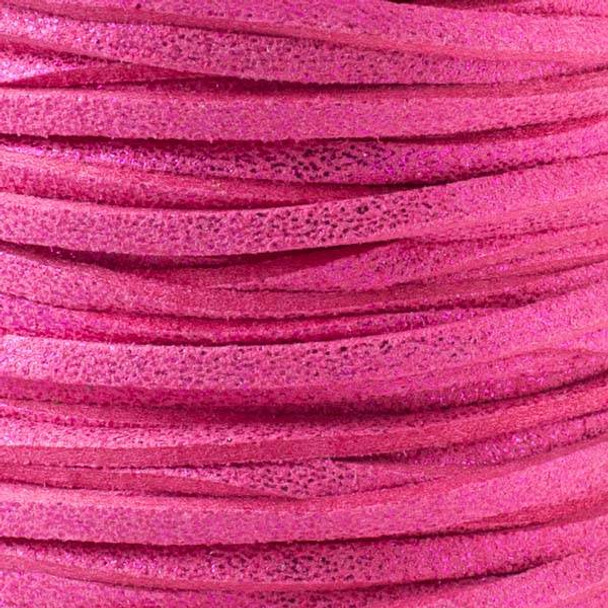 Hot Pink with Glitter Microsuede 1.5mm Thick, 2mm Wide Flat Cord - 100 yard spool