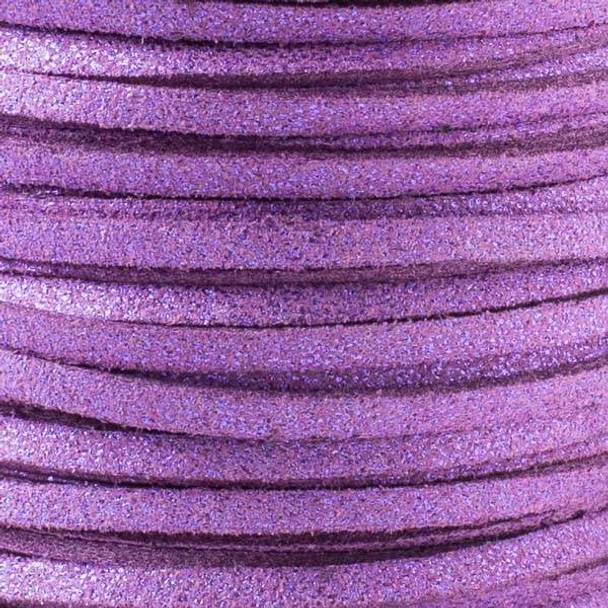 Plum Purple with Glitter Microsuede 1.5mm Thick, 2mm Wide Flat Cord - 25 yard spool