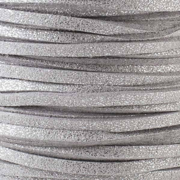 Cherry Tree Beads Silver Gray with Glitter Microsuede 1.5mm Thick, 2mm Wide Flat Cord - 100 yard spool 