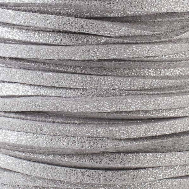 Silver Grey with Glitter Microsuede 1.5mm Thick, 2mm Wide Flat Cord - 1 yard