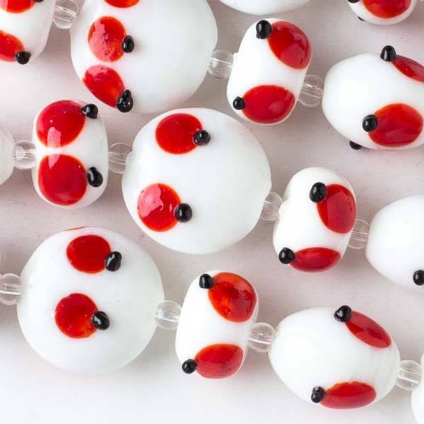 Cherry Tree Beads Handmade Lampwork Glass 20mm White Coin Beads alternating with 10x15mm White Rondelle Beads and 14x17mm Egg Beads, all with Red Bugs with Bumpy Black Dots - approx. 4 inch strand 