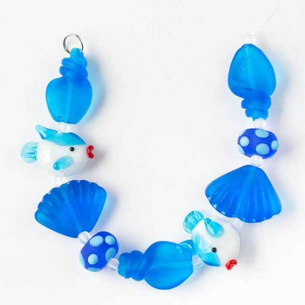 Handmade Lampwork Glass Beach Collection - Bright Blue and White Fish with Matte Bright Blue Shells and Rondelles