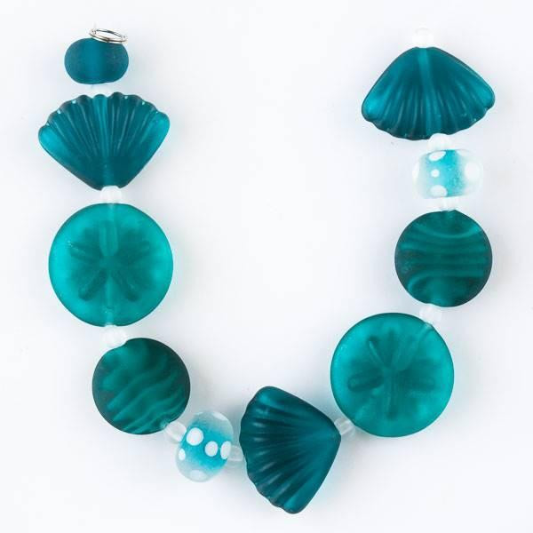 Cherry Tree Beads Handmade Lampwork Glass Beach Collection - Matte Peacock Teal Blue Sand Dollar and Shell Mix 