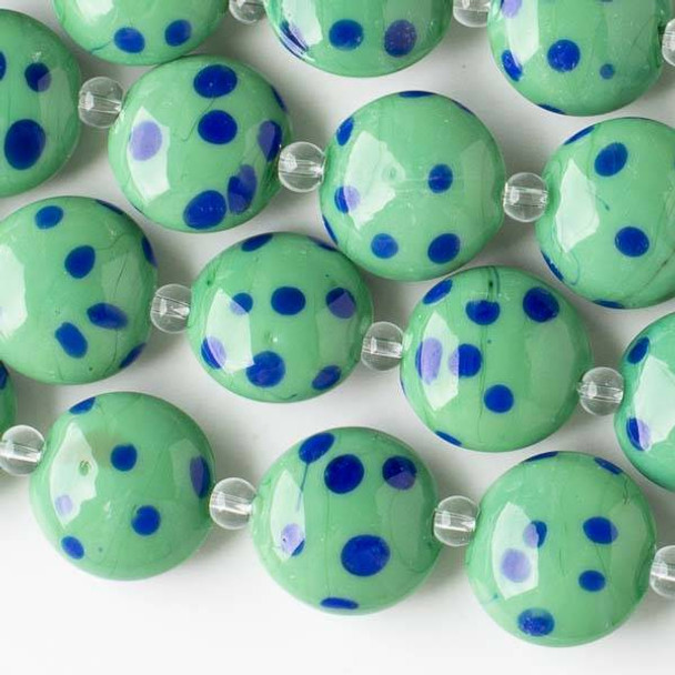 Handmade Lampwork Glass 16mm Green Coin Beads with Blue Dots