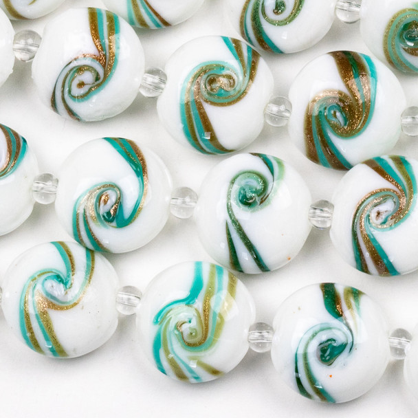 Handmade Lampwork Glass 16mm White Coin Beads with Aqua, Amber, and Gold Foil Swirls