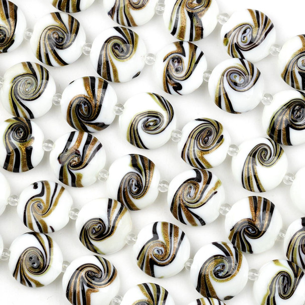 Cherry Tree Beads Handmade Lampwork Glass 20mm White Coin Beads with Black and Gold Glitter Swirls 