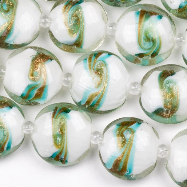Handmade Lampwork Glass 20mm White Coin Beads with Aqua and Gold Glitter Swirls