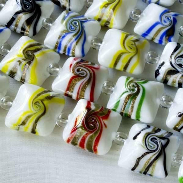 Cherry Tree Beads Handmade Lampwork Glass Mix of 15mm White Convex Square Beads with Various Colored Swirls - 8 inch strand 