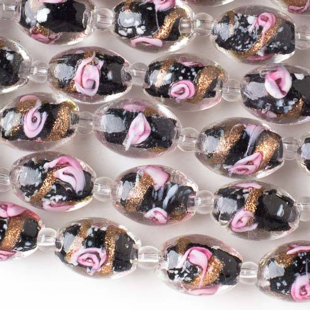 Handmade Lampwork Glass 11x16mm Black Egg Beads with Gold Foil and Pink Flowers