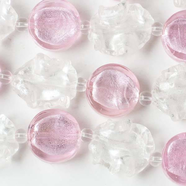 Handmade Lampwork Glass 16mm Flat Pink Coin Beads alternating with 17x20mm Clear Oval Twists