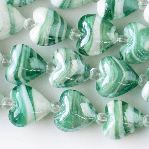 Handmade Lampwork Glass 15mm Heart Beads with Mint Green and White Swirls
