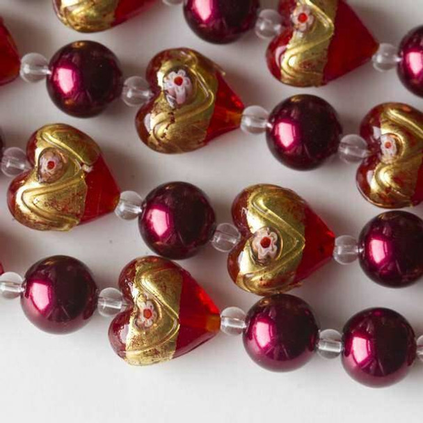 Handmade Lampwork Glass 16mm Red Hearts with a Gold Stripe and Flower alternating with 12mm Red Glass Pearls