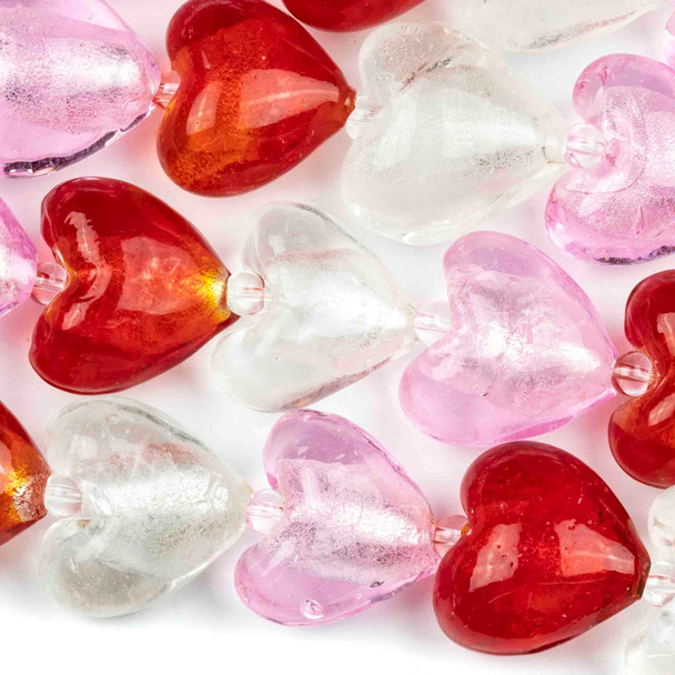 Handmade Lampwork Glass 20mm Hearts with Silver Foil Centers in a Pink, White, and Red Mix