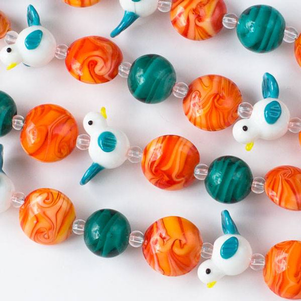 Handmade Lampwork Glass Nature Collection - Teal and White Bird, Orange Swirled Coin, and Teal Swirled Round Mix