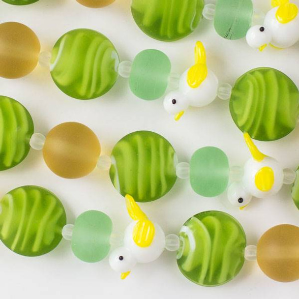 Handmade Lampwork Glass Nature Collection - Yellow and White Bird, Matte Lime Green Swirled Coin, Matte Green Rondelle, and Matte Honey Round Mix