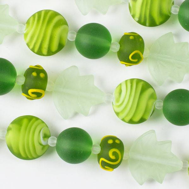 Handmade Lampwork Glass Nature Collection - Matte Lime, Light Green and Emerald Mix with Leaf, Coin, Rondelle, and Round