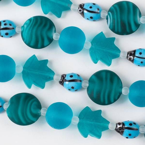 Cherry Tree Beads Handmade Lampwork Glass Nature Collection - Aqua Ladybug and Matte Peacock Blue Mix with Leaf, Coin, and Round 