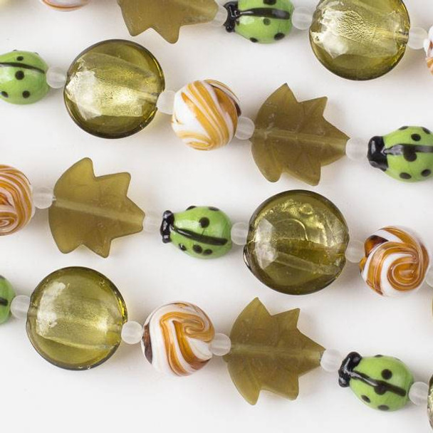Handmade Lampwork Glass Nature Collection - Light Green Ladybug and Matte Olive Green Mix with Leaf, Coin, and Topaz Round