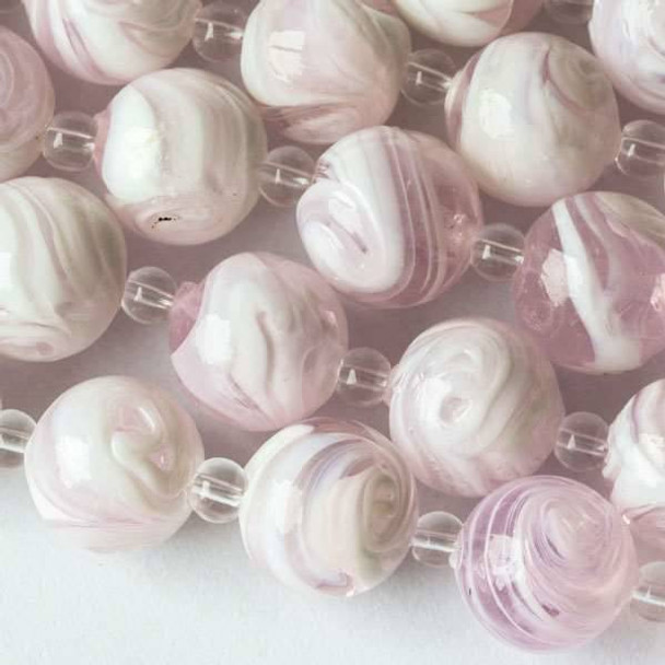 Handmade Lampwork Glass 14mm Pink and White Swirled Round