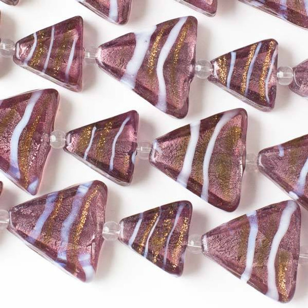 Handmade Lampwork Glass 15x16mm and 22x24mm Medium Amethyst Purple Triangle Beads with White and Gold Foil Stripes