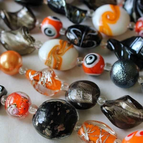 Cherry Tree Beads Mixed Handmade Lampwork Glass Strand - Orange, Black, and Gray/Silver Mix 