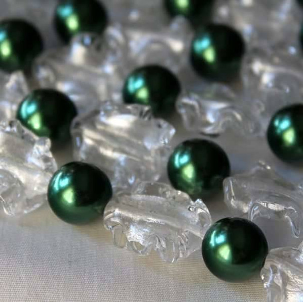 Handmade Lampwork Glass 18x20mm Clear Wavy Oval with Silver Foil Center Alternating with Green 12mm Glass Pearls