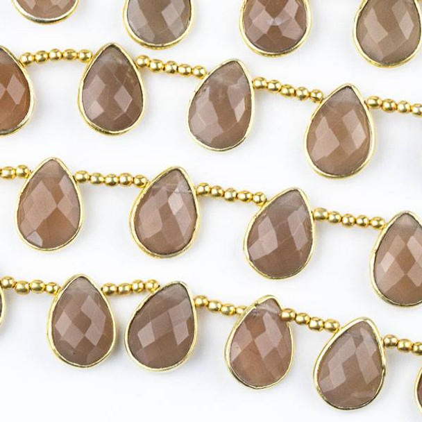 Mystic Chocolate Moonstone 10x14mm Top Drilled Faceted Teardrop Beads with Gold Plated Bezel - 8 inch strand with spacer beads