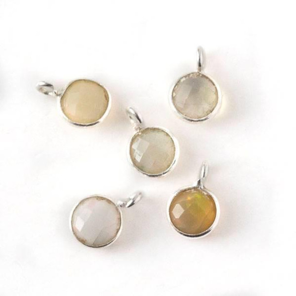 Cherry Tree Beads Ethiopian Opal 7x10mm Faceted Tiny Coin Drop with Silver Plated Brass Bezel and Loop, October Birthstone - 1 per bag 