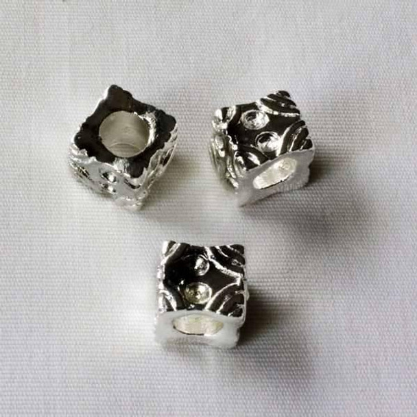 Cherry Tree Beads Single Large Hole 8mm Silver Colored Pewter Cube Spacer Bead with Circular Dips and Lines and a 4mm Large Hole - 1 per bag 