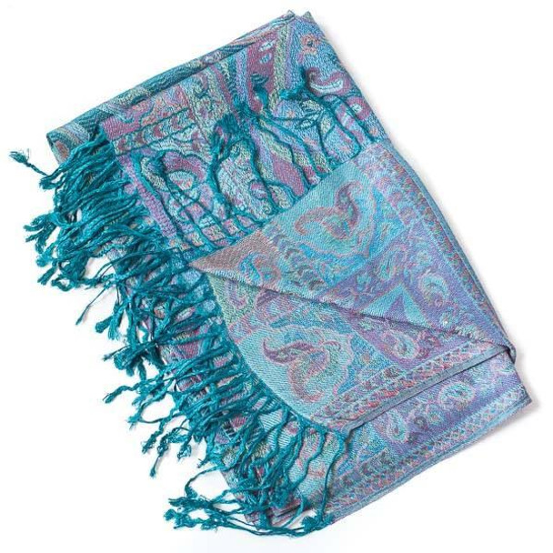 Cherry Tree Beads Pashmina Scarf with Teal Green and Burgundy Swirl Pattern - #13 