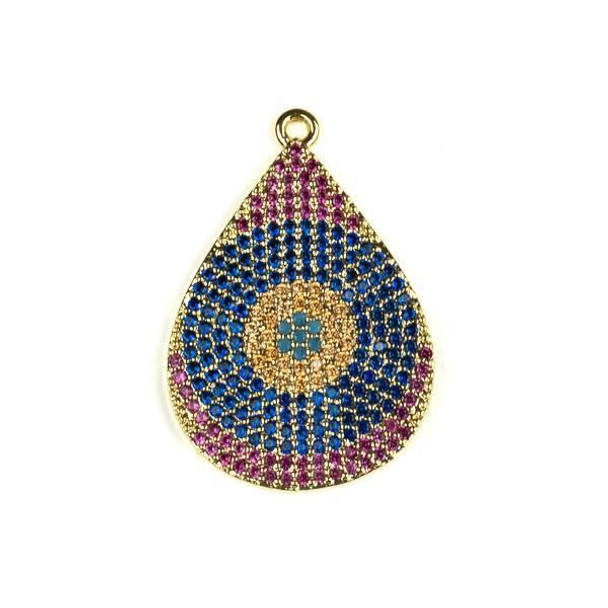 Cherry Tree Beads Gold Plated Brass Pave 22x32mm Teardrop Drop with Blue, Pink, and Champagne Cubic Zirconias - 1 per bag 