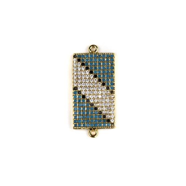 Gold Plated Brass Pave 11x25mm Rectangle Link with Diagonal Stripe Patterned Blue, Black, and Clear Cubic Zirconias - 1 per bag