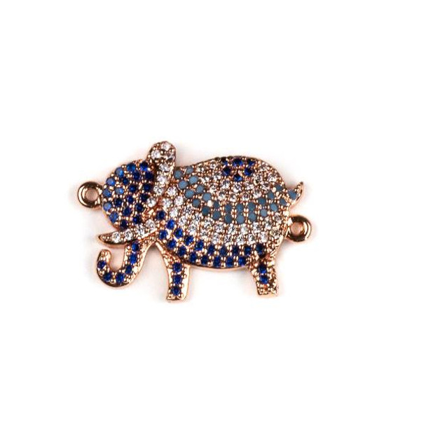 Rose Gold Plated Brass Pave 15x22mm Elephant Link with Blue, Turquoise, and Clear Cubic Zirconias - 1 per bag