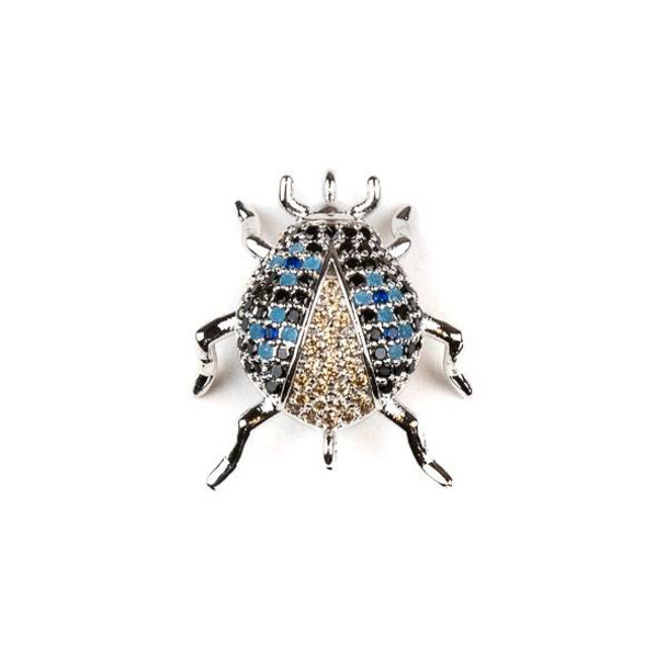 Silver Plated Brass Pave 18x20mm Beetle Bug Link with Blue, Jet, and Champagne Cubic Zirconias - 1 per bag