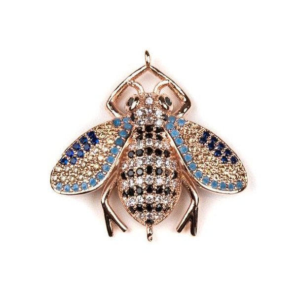 Rose Gold Plated Brass Pave 27x28mm Flying Bug Link with Jet, Blue, and Clear Cubic Zirconias - 1 per bag