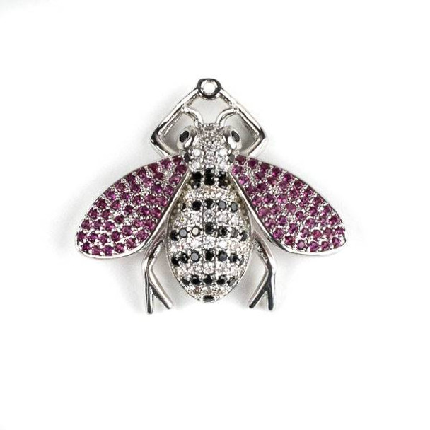 Silver Plated Brass Pave 25x28mm Flying Bug with Jet, Pink, and Clear Cubic Zirconias - 1 per bag