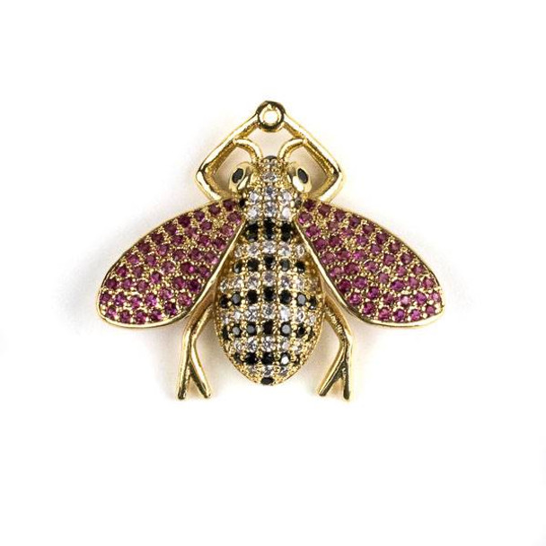 Gold Plated Brass Pave 25x28mm Flying Bug with Jet, Pink, and Clear Cubic Zirconias - 1 per bag