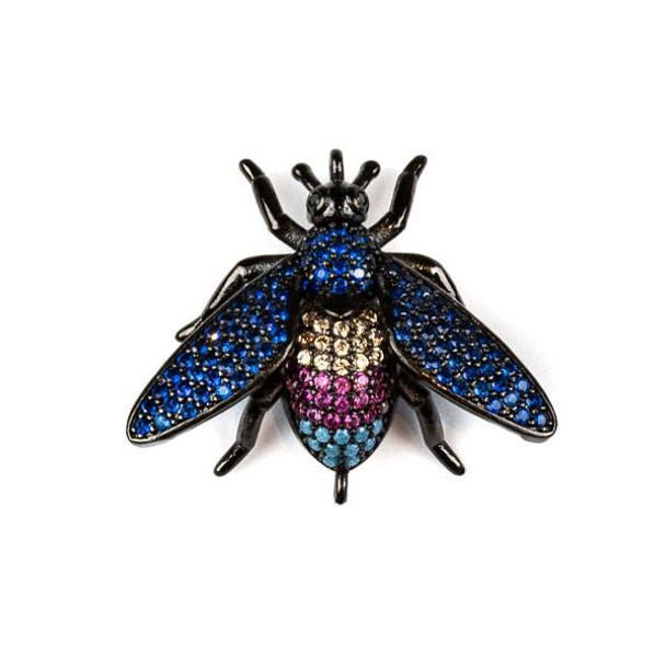 Gun Metal Plated Brass Pave 21x29mm Flying Bug Link with Blue, Pink, and Champagne Cubic Zirconias - 1 per bag