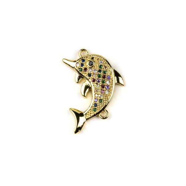 Gold Plated Brass Pave 16x20mm Dolphin Pendant Link with Multicolor Cubic Zirconias - 1 per bag