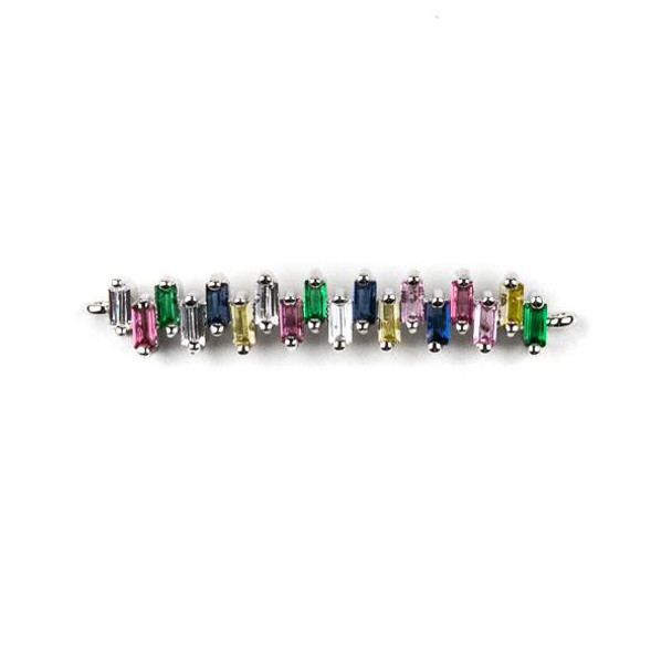 Silver Plated Brass Pave 6x34mm Slightly Curved Bar Link with Multicolor Cubic Zirconias - 1 per bag